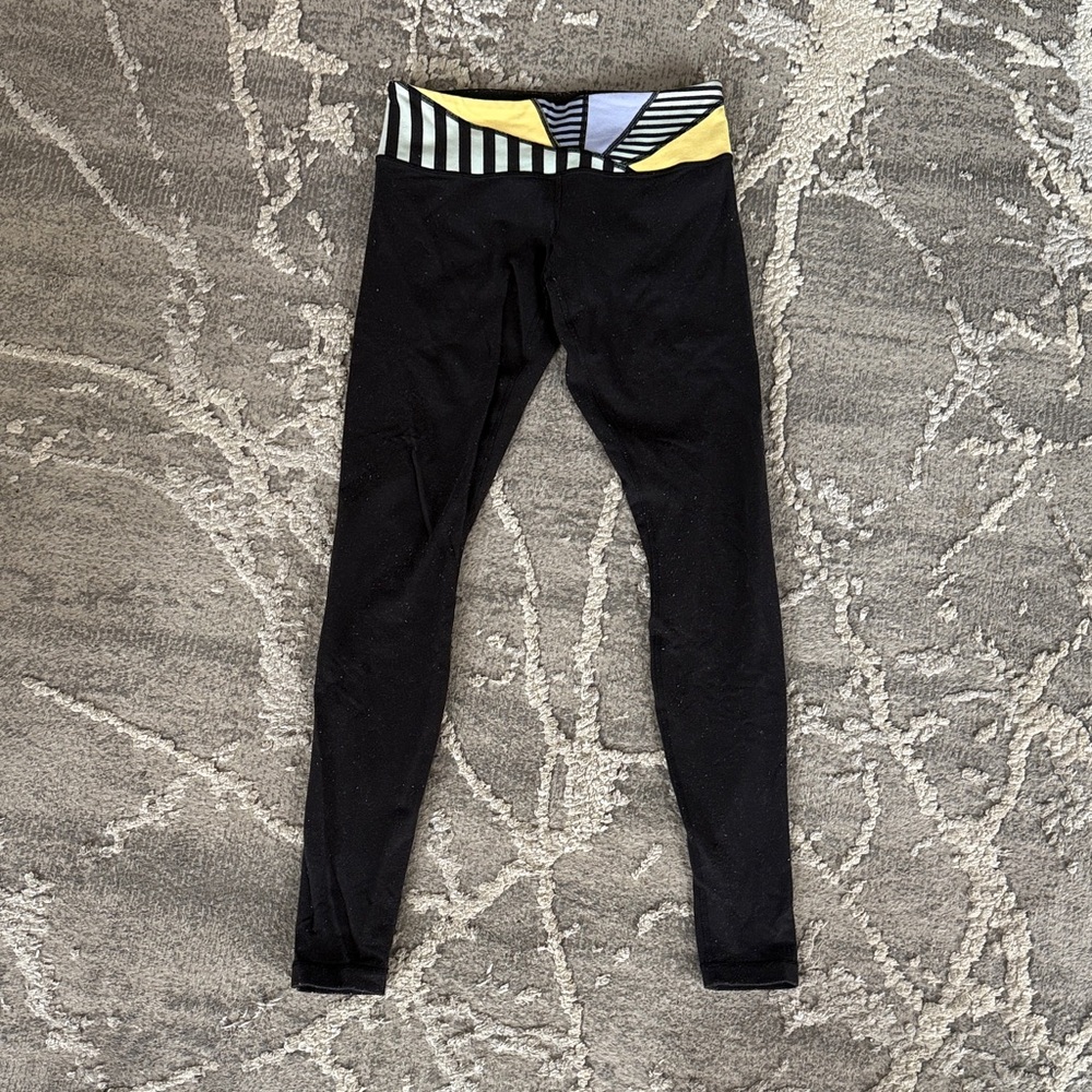 lululemon athletica Black Leggings with Yellow & Blue Striped Waistband